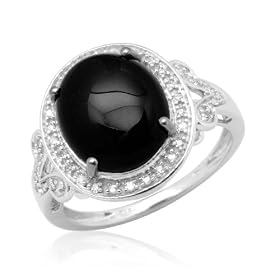 10k White Gold Oval Onyx Center with Diamonds Ring, Size 7 by .925 Sterling Silver Band Marcasite Mother of Pearl Ring