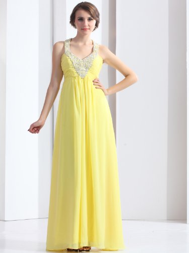Landybridal 2013 New Style Empire Beaded Halter Neck Floor Length Chiffon Yellow Evening Dress F12065