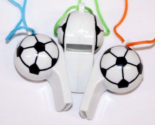 48 x Trillerpfeife Fußball 5cm, bunte Kordeln, Pfeife, Fanartikel WM EM