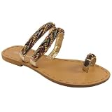 Womens Beaded Flat Twin Strap Sandals
