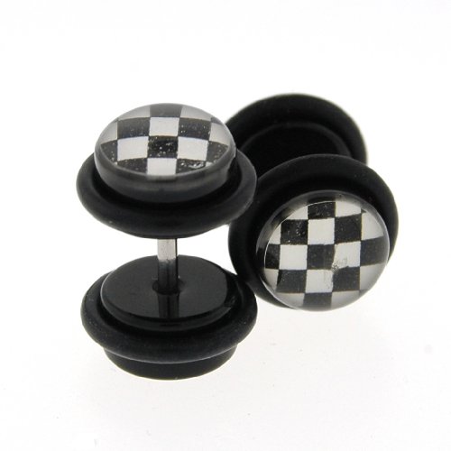 Fake Acrylic Plugs - Black Checker Board 16g Wire; 8mm - Sold as a Pair