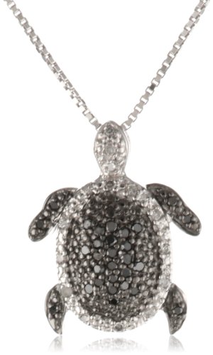 Sterling Silver Black and White Diamond Turtle Pendant Necklace (1/4 cttw, I Color, I2-I3 Clarity)