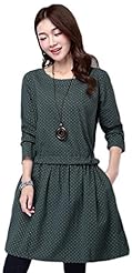 Polka Dot Print Belted Cotton/Linen Fit-and-Flare Scoop Neck Thigh Length Long Sleeves Skater Dress/Mini Dress 
