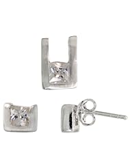 Sterling Silver Matte-finish U-shaped Stud Earrings (6mm tall) & Pendant (10mm tall) Set, w/ Princess Cut CZ Stones