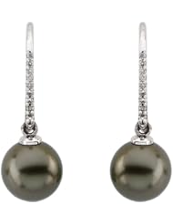 14K White Gold Tahitian Cultured Near Round Dark Grey "A" Quality Pearl and Diamond Earrings -- LIFETIME WARRANTY