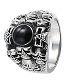 10MM Stainless Steel Biker Ring With 10 Gothic Skulls Around Center Black Stone