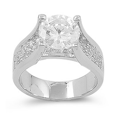 .925 Sterling Silver Engagement Ring, 4.50 Carat Total Weight, Designed with Top Quality Diamond Colored Cubic Zirconia, Featuring a Round Cut Center Stone and Round Cut Side Stones, Free Shipping, Sale Price Offer, Comes with Free Special Gift Pouch and Box