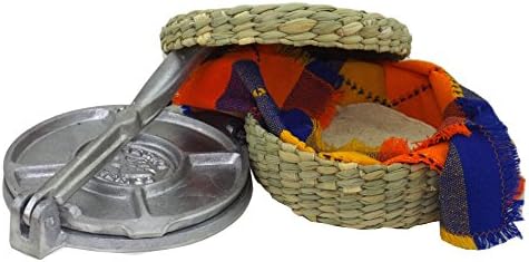Bundle of 3 Items: Aluminum Tortilla Press, Hand Made Tule Basket Warmer and Blue Orange Cotton Napkin