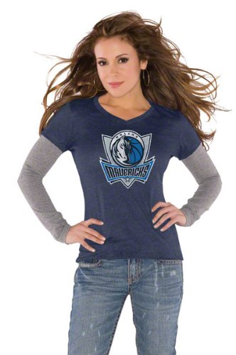 Dallas Mavericks Navy Women's Primary Logo Tri Blend Long Sleeve Layered T-Shirt- by Alyssa Milano