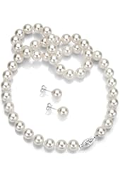 14k Gold Round Handpicked AAA White Japanese Akoya Cultured Pearl Necklace 18" and Stud Earrings Set