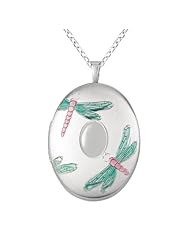 Sterling silver Oval Shaped Locket w/ Colored Dragonflies Necklace