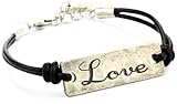 IMAGE OF Ettika Silver Colored Love Statement Plate Black Leather Bracelet