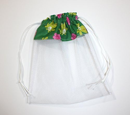 Sea Shell Bag, Frogs and Flowers Fabric & Mesh Drawstring Beach Bag Handmade by FrogBlossoms