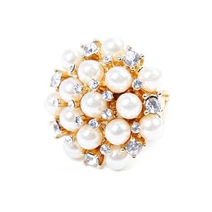 Goldtone with White Faux Pearl and Rhinestone Large Cluster Ring