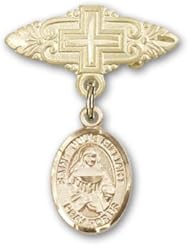 14K Gold Baby Badge with St. Julie Billiart Charm and Badge Pin with Cross