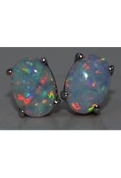 8x6mm Simulated Opal Oval Stud Earrings .925 Sterling Silver Rhodium Finish