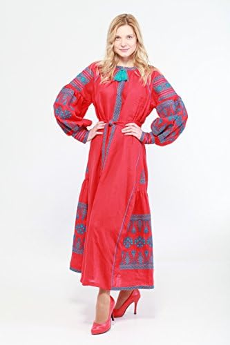 Embroidered Boho Long Dress red woman. Vyshyvanka. Ukrainian embroider Vita Kin style (Small)