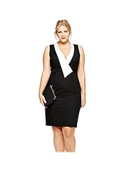 Sleeveless Fitted Colorblocking Shift Sheath Plunging Neck Bodycon Dress/Midi Dress 