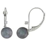 14k White Gold Lever Back 6.5mm Black Pearl Earrings w/ Brilliant Cut Diamonds