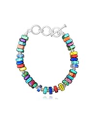 Sterling Silver Dichroic Glass Flat Square-Shaped Bead Strong Multi-Color Bracelet with Extender, 8.75-9.75"