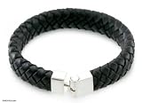 Men's Sterling Silver And Leather Bracelet, 'courage'