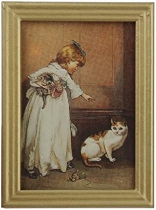 Anntlent Dollhouse Miniature Frame Girl and Cat Mural Wall Painting 1:12