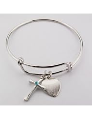 Large Bangle Bracelet with Aqua Birthstone Cross & Engravable Heart