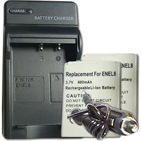 NEW Charger + 2 Battery For Nikon S52C S52 S51 S50 EN-EL8 ENEL8 + car plug