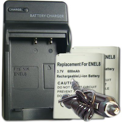 Charger + 2 Battery For NIKON COOLPIX S2 S6 S8 S9 S7 S50 EN-EL8 ENEL8 + car plug