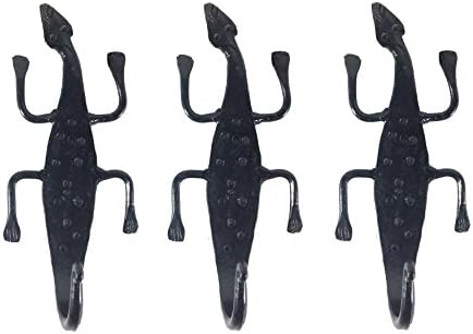 Gecko Wall Hooks - Set of 3 - Cast Iron Hangers for Coats, Aprons, Hats, Towels, Pot Holders, More - 8-in