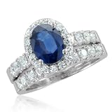 Sapphire Engagement Ring Diamond Wedding Band Bridal Set in 14k White Gold Halo Ring (G, SI1, 1.98 cttw), 7x5mm