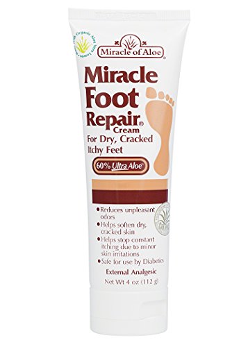 Miracle of Aloe, Miracle Foot Repair Cream 4 oz with 60% Pure Organic Aloe Vera Softens Dry Cracked Feet. Quick Fast easy Painless Penetrates Through Layers of Skin Speeds Up Cell Renewal Moisturizes Skin Guaranteed Helpful Athlete's Foot Symptoms