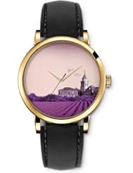 SPRAWL Aanalog Fashion Series Gold Ladies Watches of Genuine Black Leather Strap,Unique Wrist Watch for Women Girls Designed with Purple Landscaped field