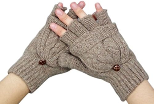 HuaHui Christams Winter Warm Cute Wool Fingerless Gloves with Mitten Cover - brown