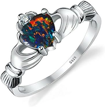 CHIC Black Fire Opal Multicolor Irish Claddagh Rainbow Ring Solid 925 Sterling Silver Love Heart Gemstone Jewelry October Birthstone
