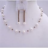 Brd610 Smoked Topaz Crystals w/ White Pearls Wedding Jewelry Set Handmade Necklace & Earrings Jewelry Set with Gift Box