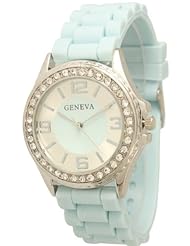 Womens Silicone Powder Blue Matching Face Watch w/ Crystal Rhinestones Bezel