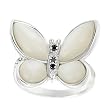 White Faux Mother of Pearl and Black Cubic Zirconia Butterfly Ring Rhodium Plated Brass Lead Free
