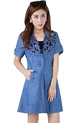  Polka Dot Print Cotton/Denim/Polyester Short Shift  Dress With a Bow(s) and a Ribbon 