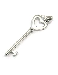 Designer Style Heart Shaped Key Designed Fine Sterling Silver Key Pendant Necklace with Rhodium Plated (come with 16" or 18" Italian Sterling Silver Chain)