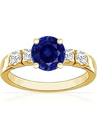 18K Yellow Gold Round Cut Blue Sapphire Ring With Sidestones