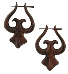 DERAWAN - Organic Hand Carved Sono Wood Earrings with Wood Post - From Indonesia - Sold as a Pair - 33mm x49mm