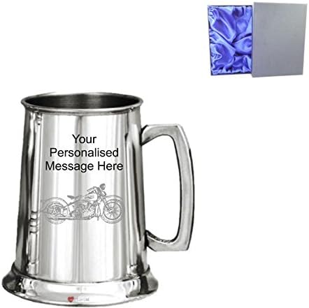 1 Pint Personalised Engraved Plain Pewter Tankard With Harley Davidson Design and Silk Lined Presentation Box