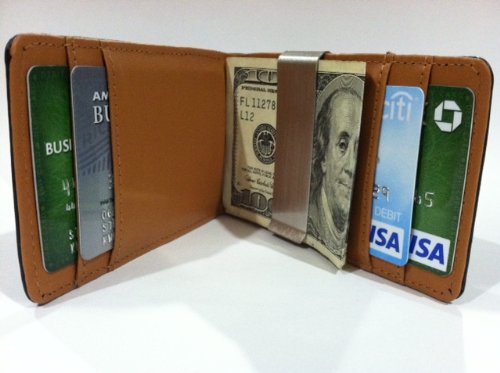 Black/Brown Money Clip Bi-fold Leather Wallet By DesignSK