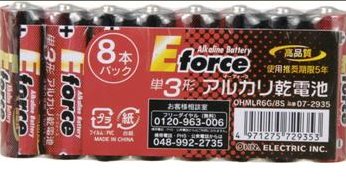 オーム電機 アルカリ乾電池 E force 単3形×8本パック LR6G/8S