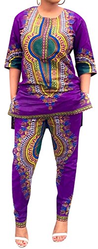 Lovaru Women's Fashion 3/4 Sleeve Casual African Dashiki Shirt and Pants Set Outfit