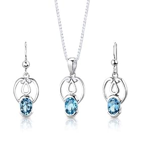 Sterling Silver 2.50 carats total weight Oval Shape Swiss Blue Topaz Pendant Earrings and 18 inch Necklace Set