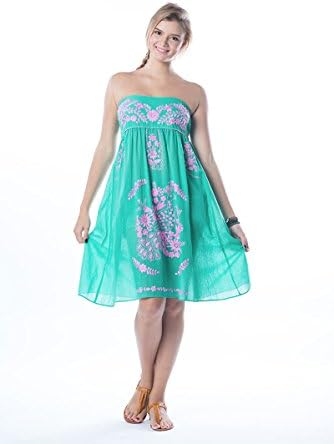 Spun Vintage Style Women's Sundress Tube (PK Design) Free Size Fit S To L One-Color Embroidery Mint Green With Pale Pink