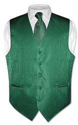 Men's Dress Vest & NeckTie Emerald Green Striped Vertical Stripes Design Set for Suit or Tuxedo