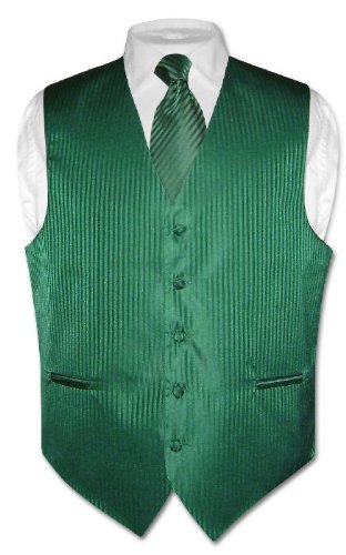 Men's Dress Vest & NeckTie Emerald Green Striped Vertical Stripes Design Set for Suit or Tuxedo
